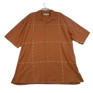 Inserch Mens 3XL Rust Orange Embroidered Grid Short Sleeve Button Down Shirt